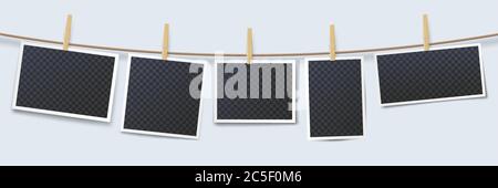 Photos hanging on rope attached with clothes pins. Blank instant photo frames with transparent place Stock Vector