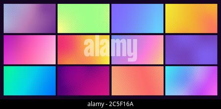 Gradient halftone background set. Comic dotted pop art backdrop with different colors as pink and blue, purple Stock Vector