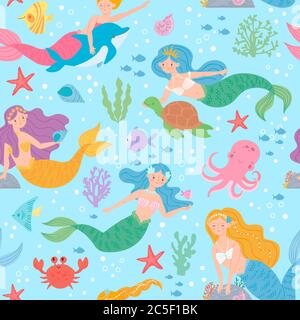 Mermaid seamless pattern. Fairytale princesses and sea creatures underwater world design for wallpaper, fabric print fashion vector texture Stock Vector
