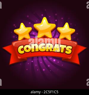 Congratulations game screen. Golden Congrats sign with three gold stars, casual games level up achievement screen cartoon vector illustration Stock Vector