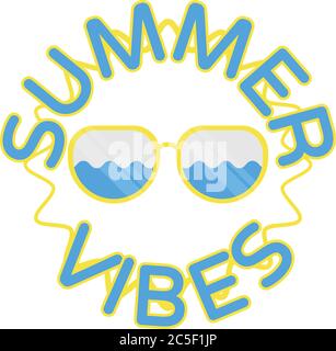 Summer Vibes round text with sun waves and sun glasses illustration flat design yellow and blue vector Stock Vector