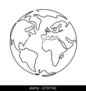 Earth. One line globus, world planet graphic icon, america, europe and asia global technology, simple continuous shape doodle vector concept Stock Vector