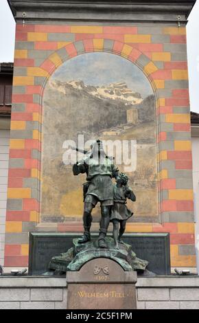 Wilhelm Tell memorial (circa 1900), Altdorf, Switzerland, Schweiz, Suisse, Svájc, Europe Stock Photo