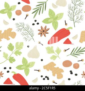 Spices seamless pattern. Hand drawn aromatic cooking ingredients cardamom and ginger, basil and thyme, barberry, dill vector texture Stock Vector