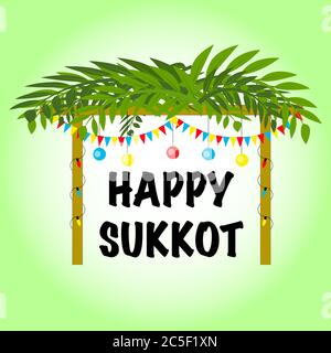 Happy Sukkot Jewish Holiday Poster Sukkah With Decorations Vector Illustration Stock Vector