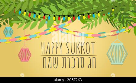 Happy Sukkot Jewish Holiday Poster Sukkah With Decorations Vector Illustration. Hebrew Text 'Happy Sukkot Holiday'. Stock Vector