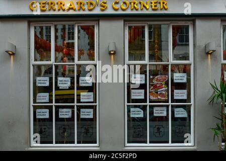 London, UK.  2 July 2020. Signs in the windows of a restaurant in Chinatown advertise the availability of a takeaway service.  Restaurants and other businesses have struggled during the coronavirus pandemic lockdown.   Credit: Stephen Chung / Alamy Live News Stock Photo