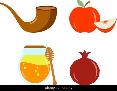 Shana Tova new jewish year holiday greeting message with apple, honey, pomegranate and horn Stock Vector