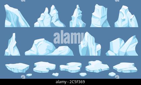 Cartoon arctic ice. Icebergs, blue floes and ice crystals. Icy cliff, cold frozen block of different shapes for game and decor vector set Stock Vector