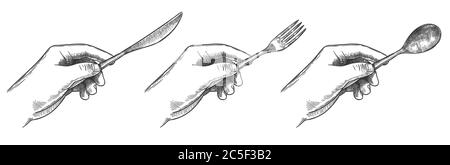 Engraved hands holding cutlery. Hold in hand table knife, spoon and fork for eating food hand drawn vector illustration set Stock Vector
