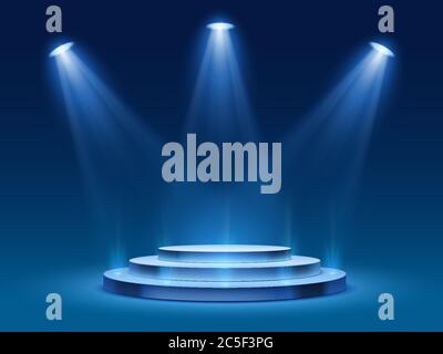 Scene podium with blue light. Stage platform with lighting for award ceremony, illuminated pedestal for presentation shows, vector image Stock Vector