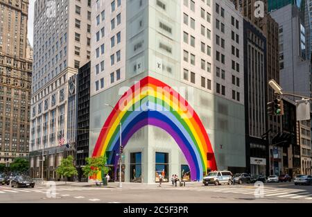 A view of the newly opened (curbsidee pickup only) Louis Vuitton 5th Ave.  flagship store, decorated with a large rainbow in honor of “Pride Month”,  New York, NY, on June 18, 2020.