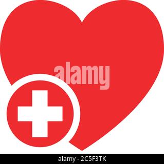 Red heart shape with plus or cross sign icon love medical care illustration Stock Vector