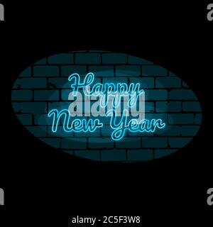 Happy new year text blue neon lights sign vector illustration Stock Vector