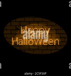 Happy Halloween orange color neon text on black brick wall background vector illustration Stock Vector
