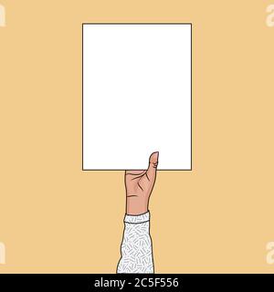 Human hand holding a blank paper sign. Empty card frame for advertisement promotion or a message. Stock Vector