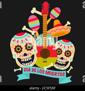 Sugar skull (Calavera) vector icon. Day of the dead (Dia de los moertos) Fiesta and holiday poster. Colourful Mexican decoration party flyer greeting Stock Vector