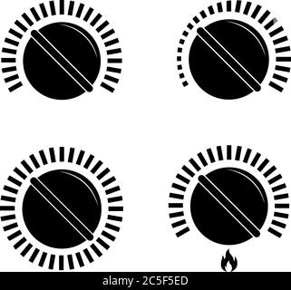 Black cooking stove heat knobs icon set. Kitchen gas dial symbol. Isolated vector illustration on white background. Stock Vector