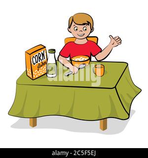 Small boy have a breakfast with a healthy food - corn flakes and milk Stock Vector