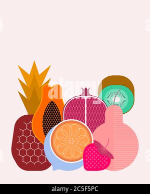 Mix of ripe tropical fruits isolated on a light background, vector illustration. Strawberry, pineapple, pear, kiwi, pomegranate, citrus, papaya. Stock Vector