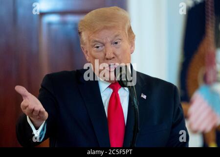US President Donald J. Trump delivers remarks at the 'Spirit of America Showcase', at the White House in Washington, DC, USA, 02 July 2020. The event is a showing of American products ahead of 04 July Independence Day.Credit: Michael Reynolds/Pool via CNP /MediaPunch Stock Photo