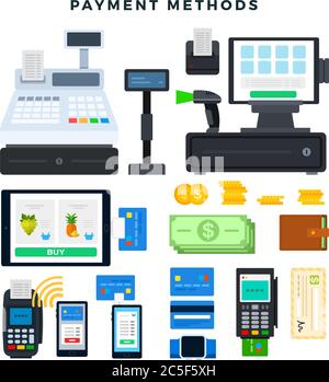 Payment methods, set. Icons, illustrating ways of payment. Vector illustration in flat style. Stock Vector