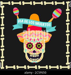 Sugar skull (Calavera) vector icon. Day of the dead (Dia de los moertos) Fiesta and holiday poster. Colourful Mexican decoration party flyer greeting Stock Vector