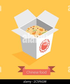 Chinese restaurant opened take out box filled with noodles Stock Vector