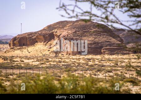 Several monumental rock-cut tombs craved by Nabateans at Madain Salih archaeological site Stock Photo