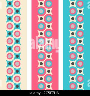 Set of three vertical geometrical patterned borders in retro colors, seamless vector background Stock Vector