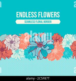 Hand-drawn flowers of dahlia. Seamless vector border.  Mint, turquoise, aqua and coral colors. Polka dot background. Blank space for your text. Vector Stock Vector