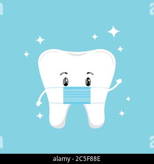 Cute tooth emoji with medical mask and sparkles isolated on background. Stock Vector