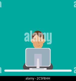 Freelancer or employee working on a computer vector illustration. adult man sitting in front of a screen isolated on green background. Stock Vector