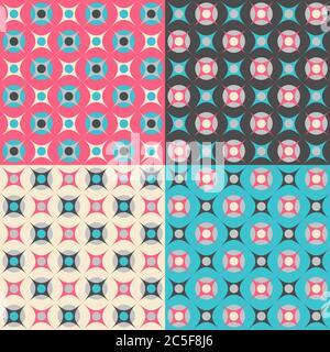 Set of four geometrical patterns in retro colors, seamless vector background Stock Vector