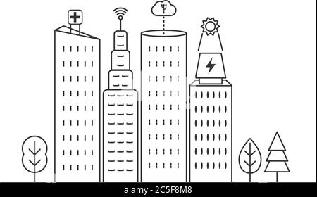 Smart city buildings outline vector illustration. smart services cloud computing, networks, solar panels and  health care. Stock Vector