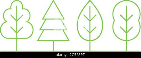 Green trees line art icon set plants vector illustration isolated on white background Stock Vector