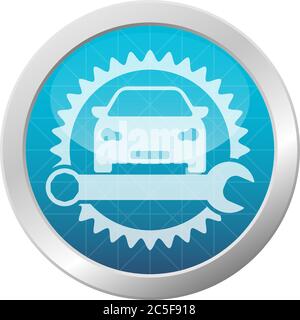 Car front view with cogwheel and wrench icon vector illustration transportation symbol on light blue shiny circle frame button Stock Vector