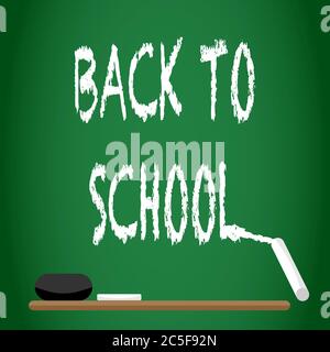 Back to school text drawing by chalk on a green chalkboard with eraser Vector illustration Stock Vector