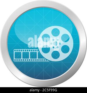 Retro cinema reel icon video camera negative tape roll symbol movie filmstrip on light blue shiny circle frame vector illustration Stock Vector