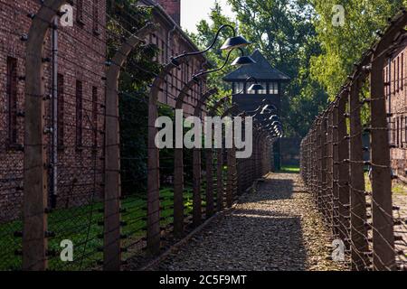 An electrified barbed-wire fence with mounted lamps runs between brick barracks at the former Auschwitz I concentration camp in Oświęcim, Poland, today a memorial site against genocide; a wooden guard tower stands in the background. Stock Photo