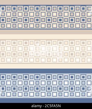 Three borders with fashion abstract geometrical pattern with  squares. Seamless vector background. Set of 3 color variation. Stock Vector