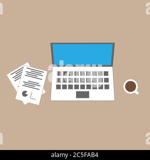 Office Desktop with laptop, coffee mag and papers. Work place flat design workstation vector illustration. Stock Vector