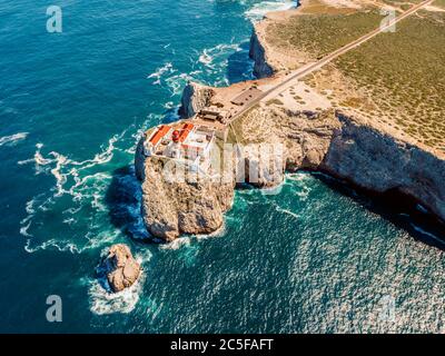 Aerial view, lighthouse on the cliffs, Saint Vincent Cape, Sagres, Algarve, Portugal Stock Photo