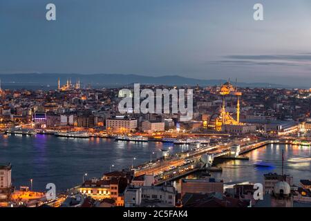 City view at dusk, Yeni Cami Mosque, Sultan Ahmet Camii and Beyazit Camii, Galata Bridge, Golden Horn, Bosporus, Mosque, Fatih, Istanbul, European Stock Photo