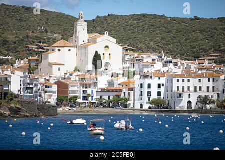 Village view, beach with church Santa Maria, Cadaques, province of Girona, region Catalonia, Spain Stock Photo