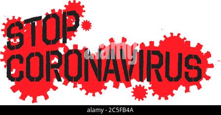 STOP CORONAVIRUS grunge black text with red COVID-19 icons isolated vector on white background Stock Vector