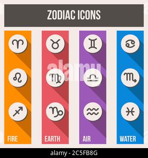 Zodiac signs with shadows in flat style. Set of colorful square icons. Vector illustration. Stock Vector