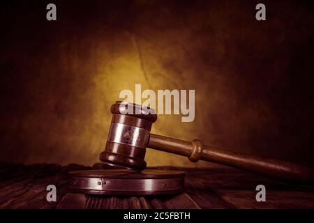 Judge gavel on the wooden Stock Photo