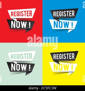 Modern design register now text on speech bubbles concept. Vector illustration Stock Vector