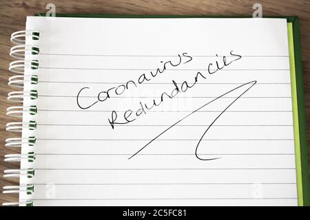 CORONAVIRUS REDUNDANCIES written on lined paper Stock Photo